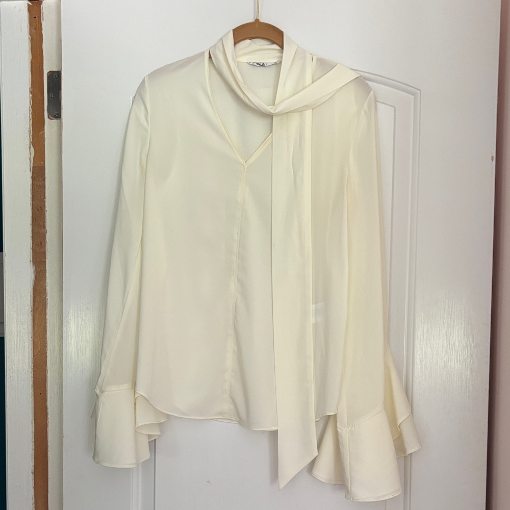 Women's Ivory Tie-Neck Blouse with Long Sleeves